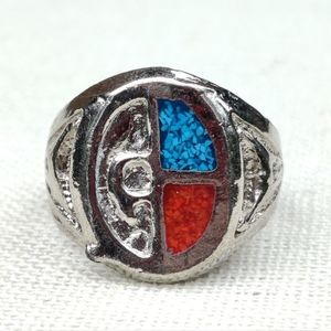 Native style crushed turquoise and coral inlay ring